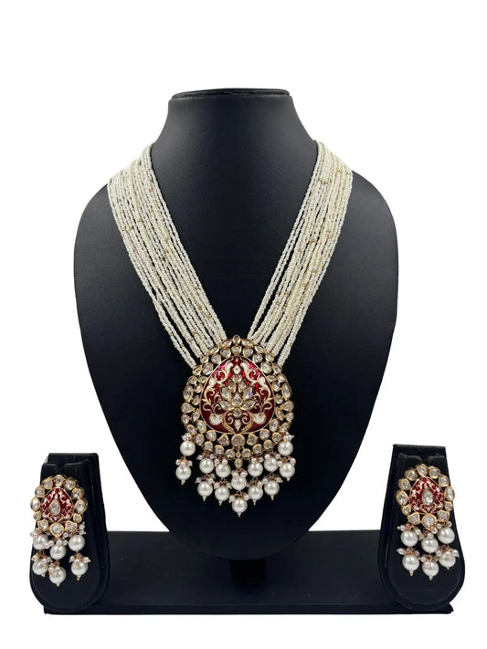 Long Meenkaari red Polki Kundan Necklace Set With Pearls