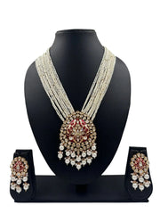 Long Meenkaari red Polki Kundan Necklace Set With Pearls