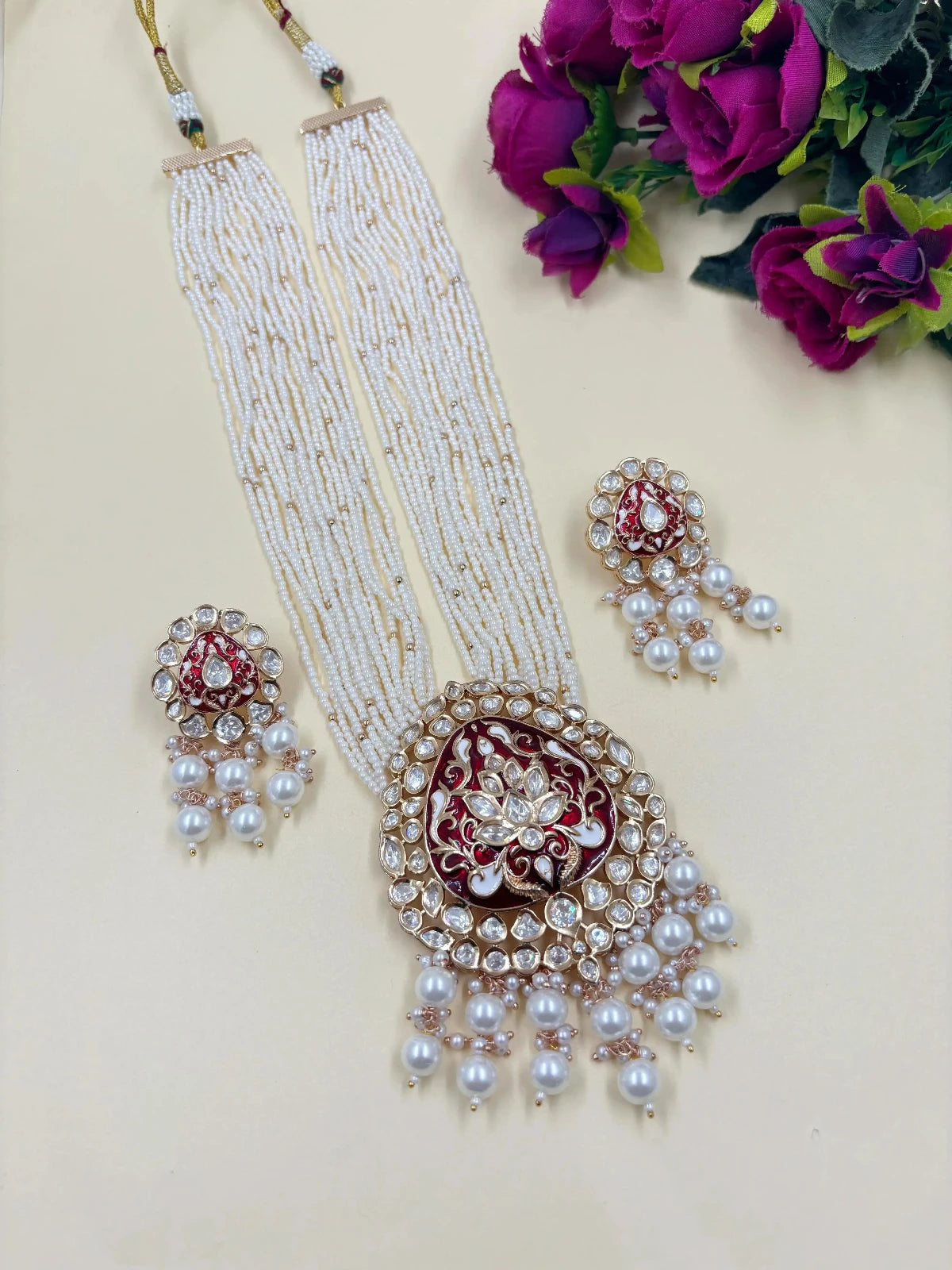 Long red Meenkaari Polki Kundan Necklace Set With Pearls