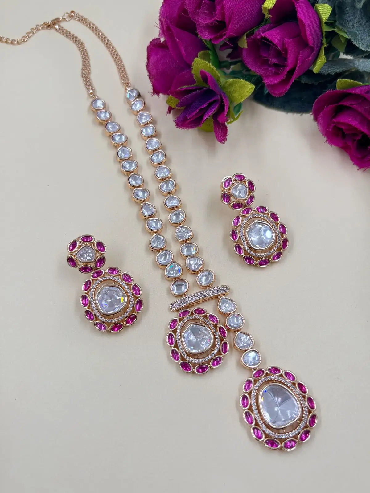 Viviana Rose Gold Finish Modern Look Ruby Pink Party Wear Polki Necklace Set for Indian and western wear 