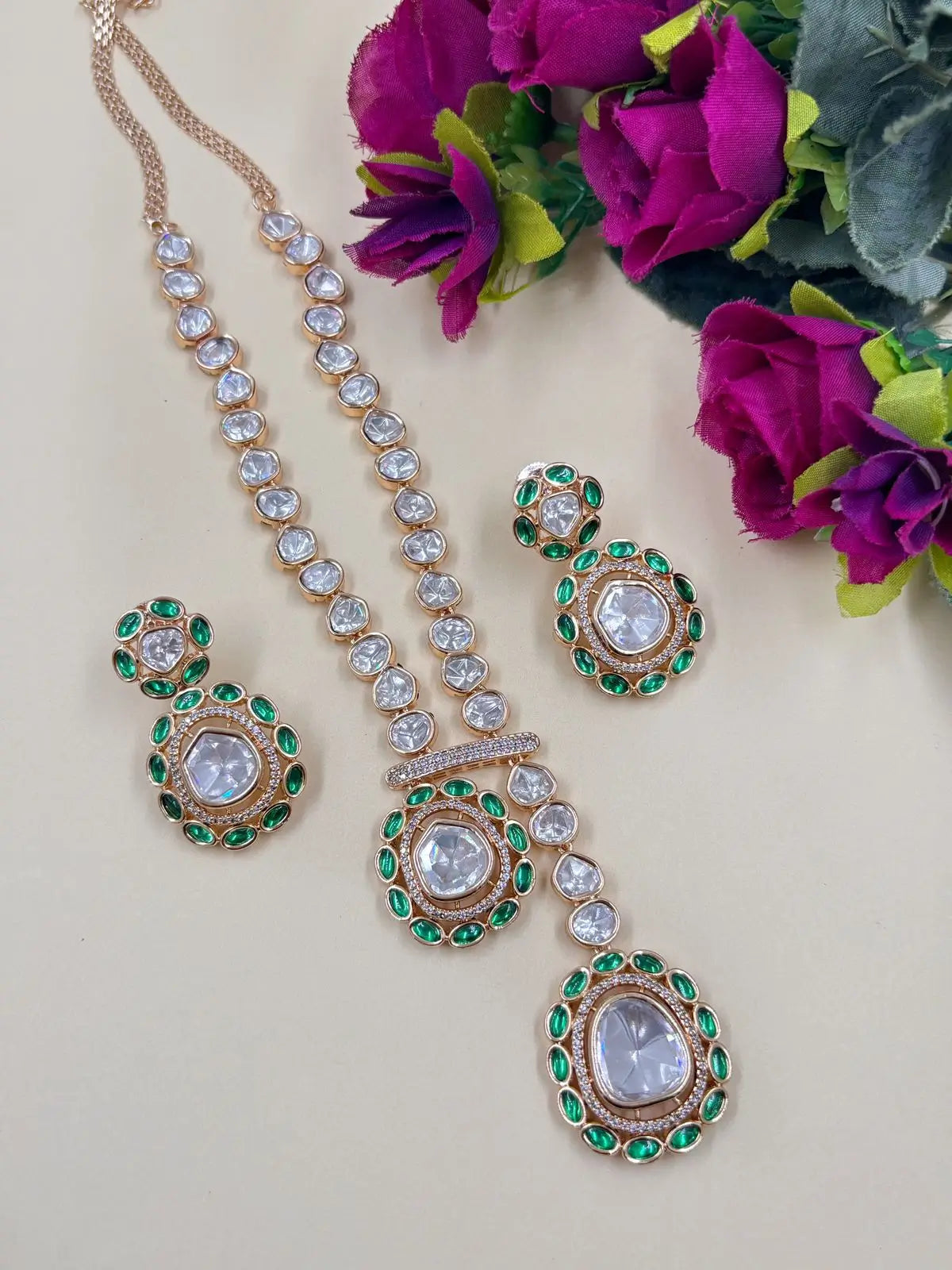 Viviana Rose Gold Finish Modern Look  Green Party Wear Polki Necklace Set for Indian and western wear 