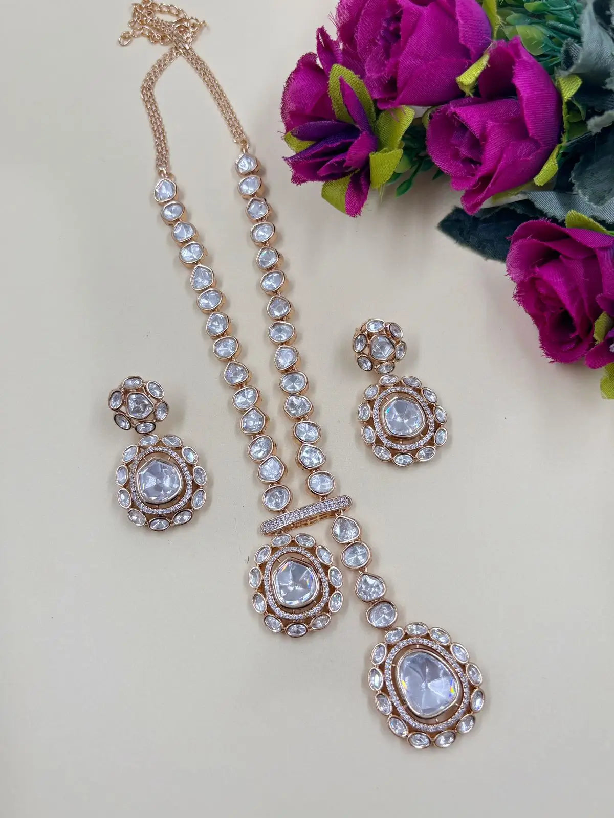 Viviana Rose Gold Finish Modern Look Party Wear Polki Necklace Set for Indian and western wear 