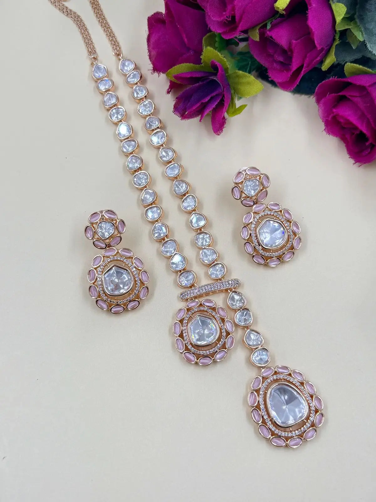 Viviana Rose Gold Finish Modern Look Party Wear Baby Pink Polki Necklace Set for Indian and western wear 