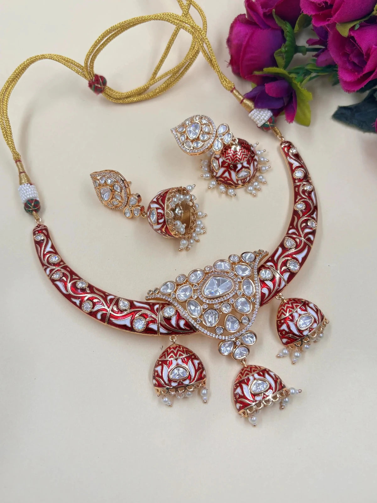 Designer Royal Rajasthani Red Meenakari Polki Kundan Hasli Necklace Set for women online 