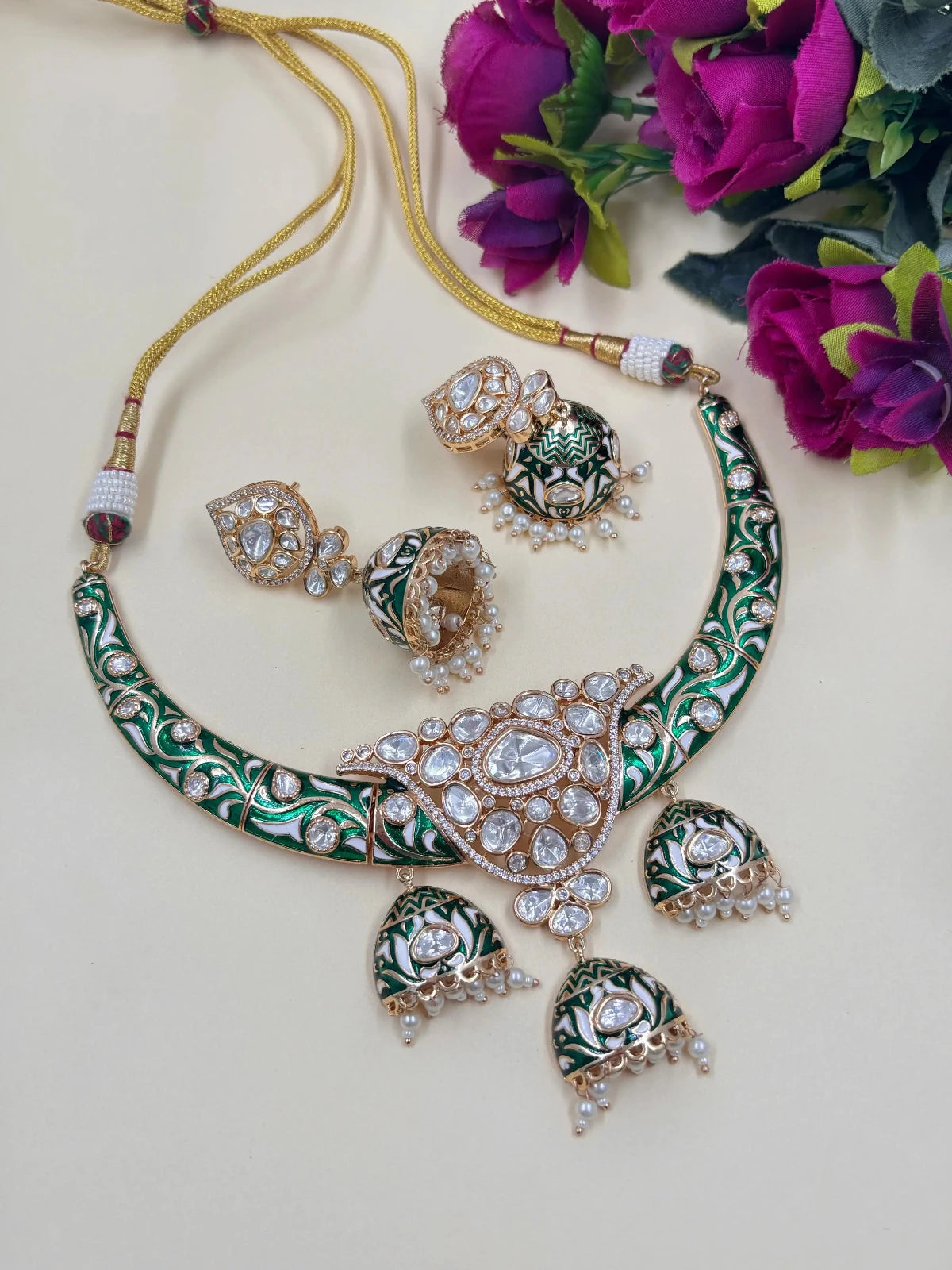 Designer Royal Green  Rajasthani Meenakari Polki Kundan Hasli Necklace Set for women online 