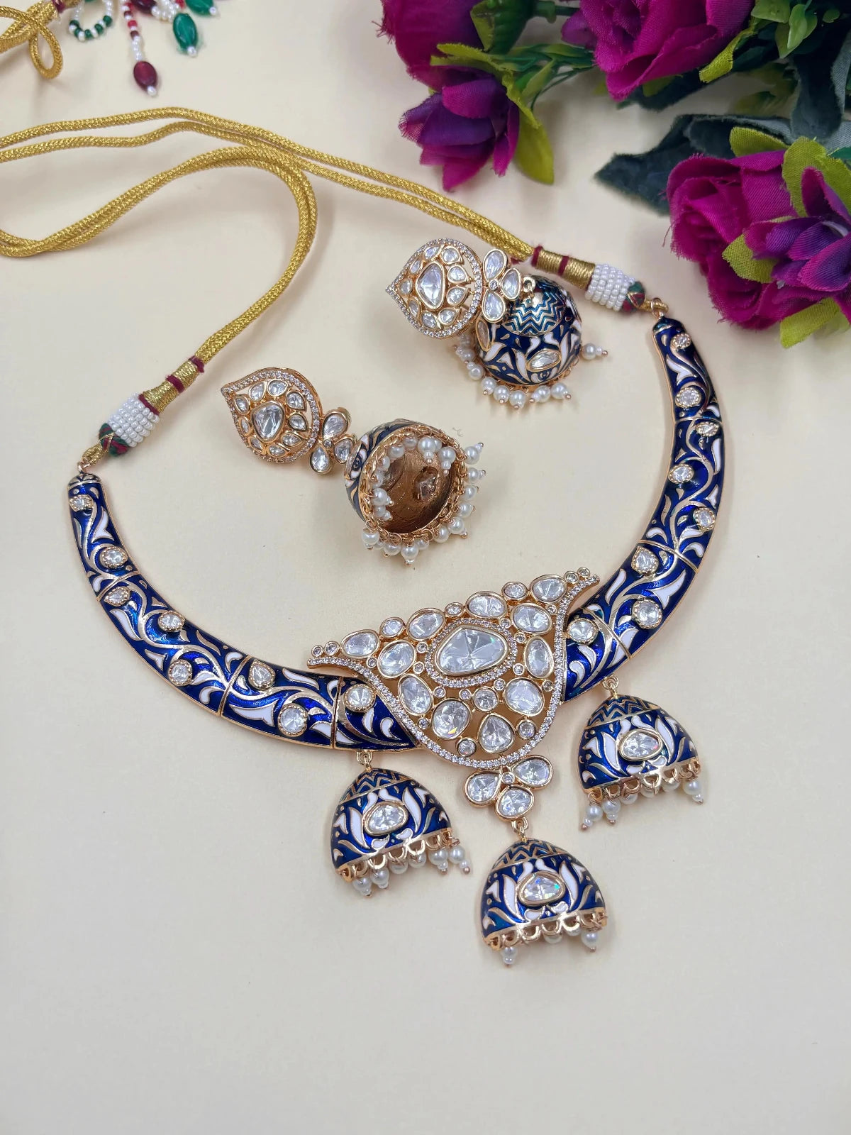 Designer Royal Rajasthani Meenakari Polki Kundan Hasli Necklace Set Blue
