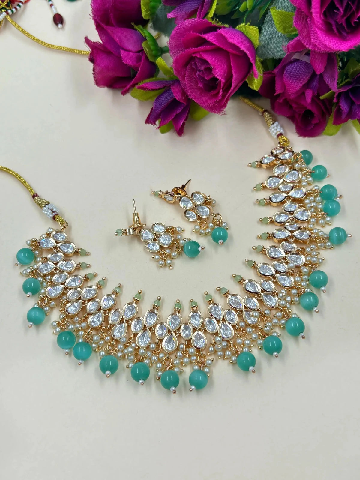 Designer Party Wear Polki Kundan Jewellery Necklace Set with mint green beads drops 