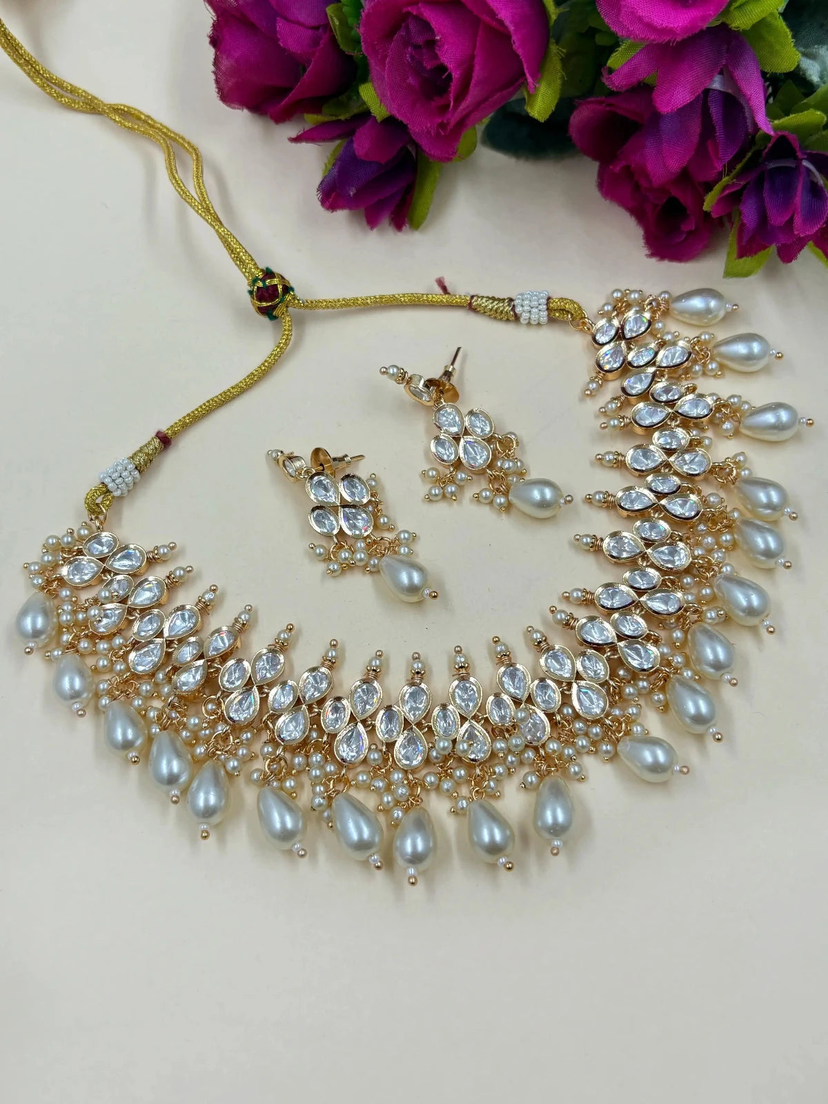 Designer Party Wear Polki Kundan Jewellery Necklace Set with pearls beads drops