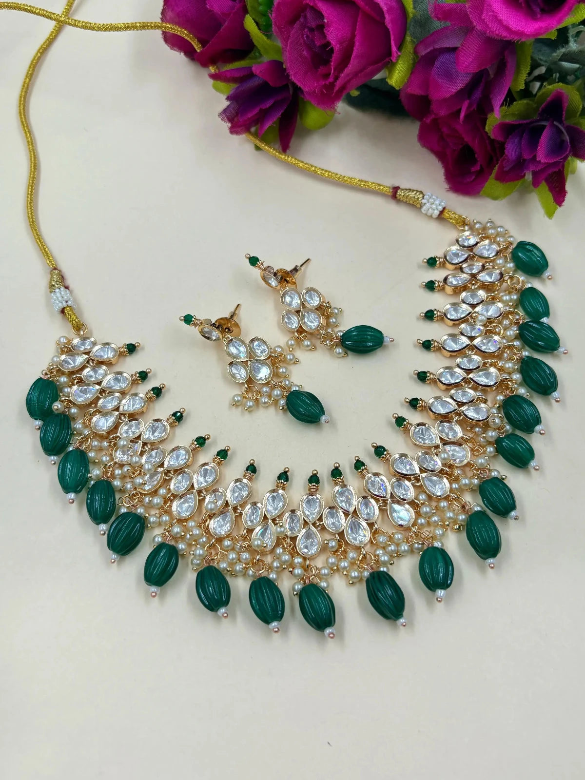 Designer Party Wear Polki Kundan Jewellery Necklace Set with green beads drops 