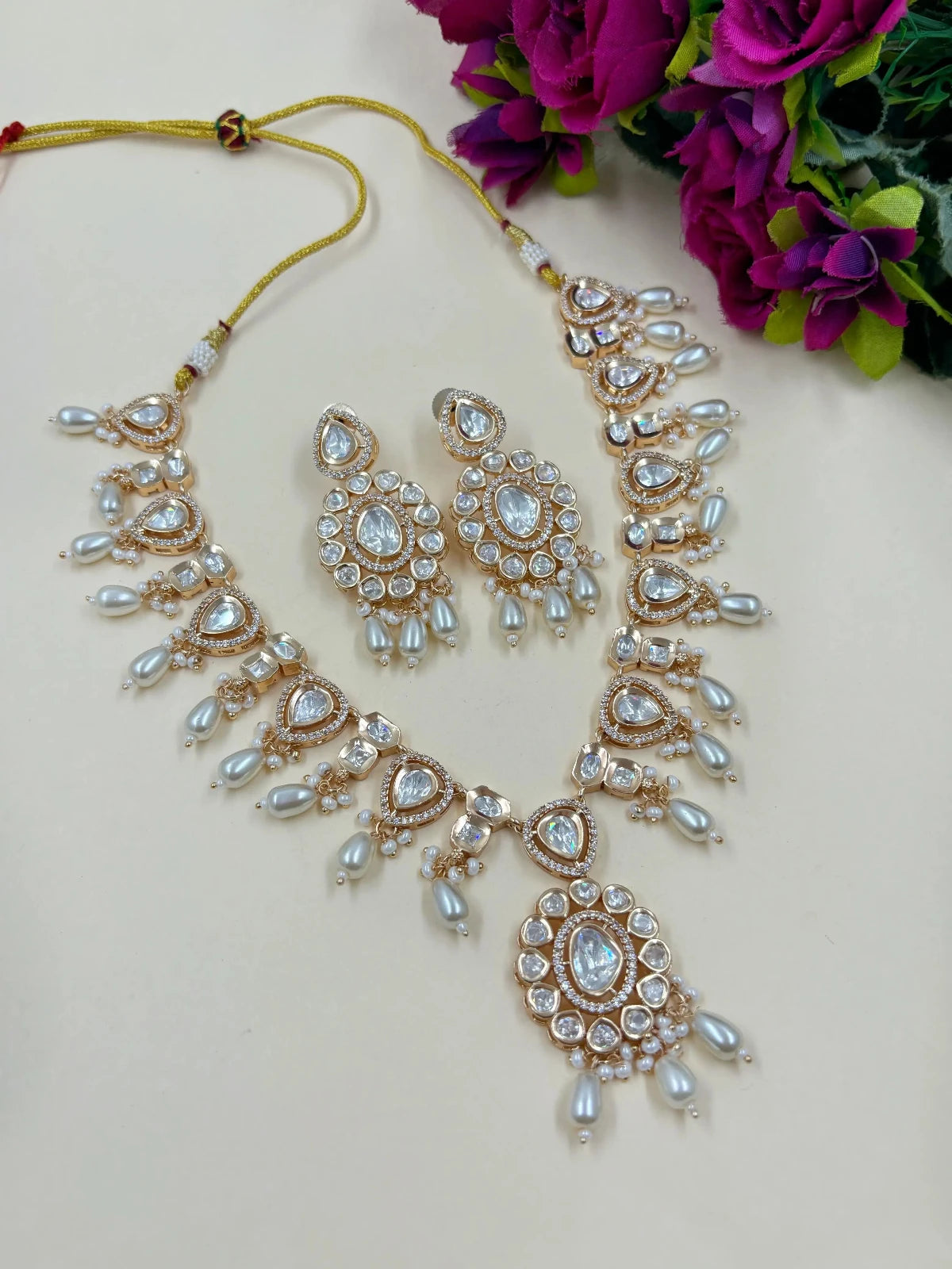 Anisha Rose Gold Finish Polki Kundan Jewellery Necklace Set with pearl  Beads Drops 