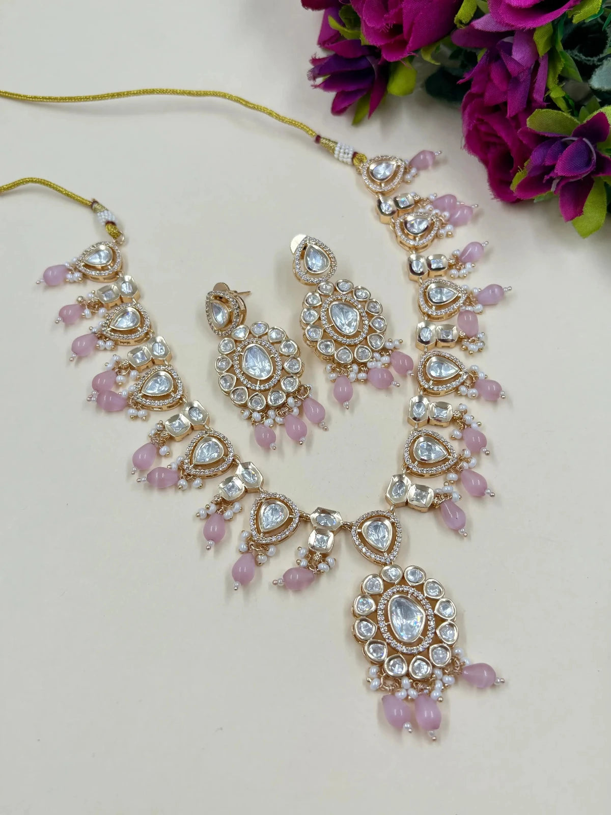 Anisha Rose Gold Finish Polki Kundan Jewellery Necklace Set with Baby Pink Beads Drops 