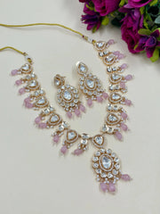 Anisha Rose Gold Finish Polki Kundan Jewellery Necklace Set with Baby Pink Beads Drops 