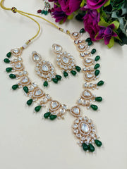 Anisha Rose Gold Finish Polki Kundan Jewellery Necklace Set with green Beads Drops 