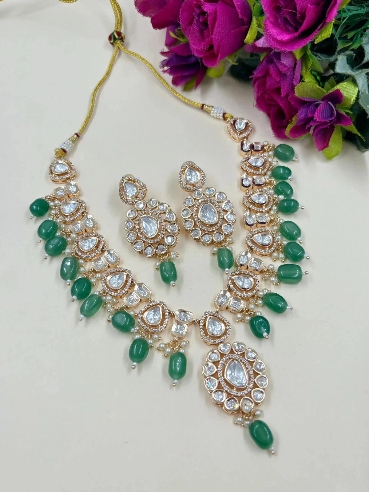 Anisha Rose Gold Finish Polki Kundan Jewellery Necklace Set with Mint green Beads Drops 