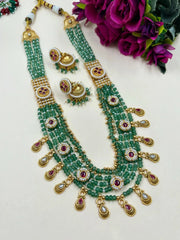 Designer Long Antique Jewellery Necklace Set With Green Beads online for women