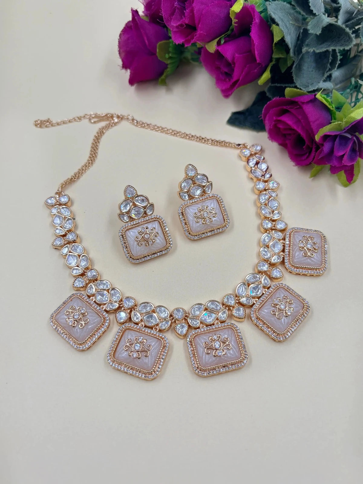 Tejaswini Beautiful Modern Uncut Kundan Polki Stone Necklace Set with off white color stones 