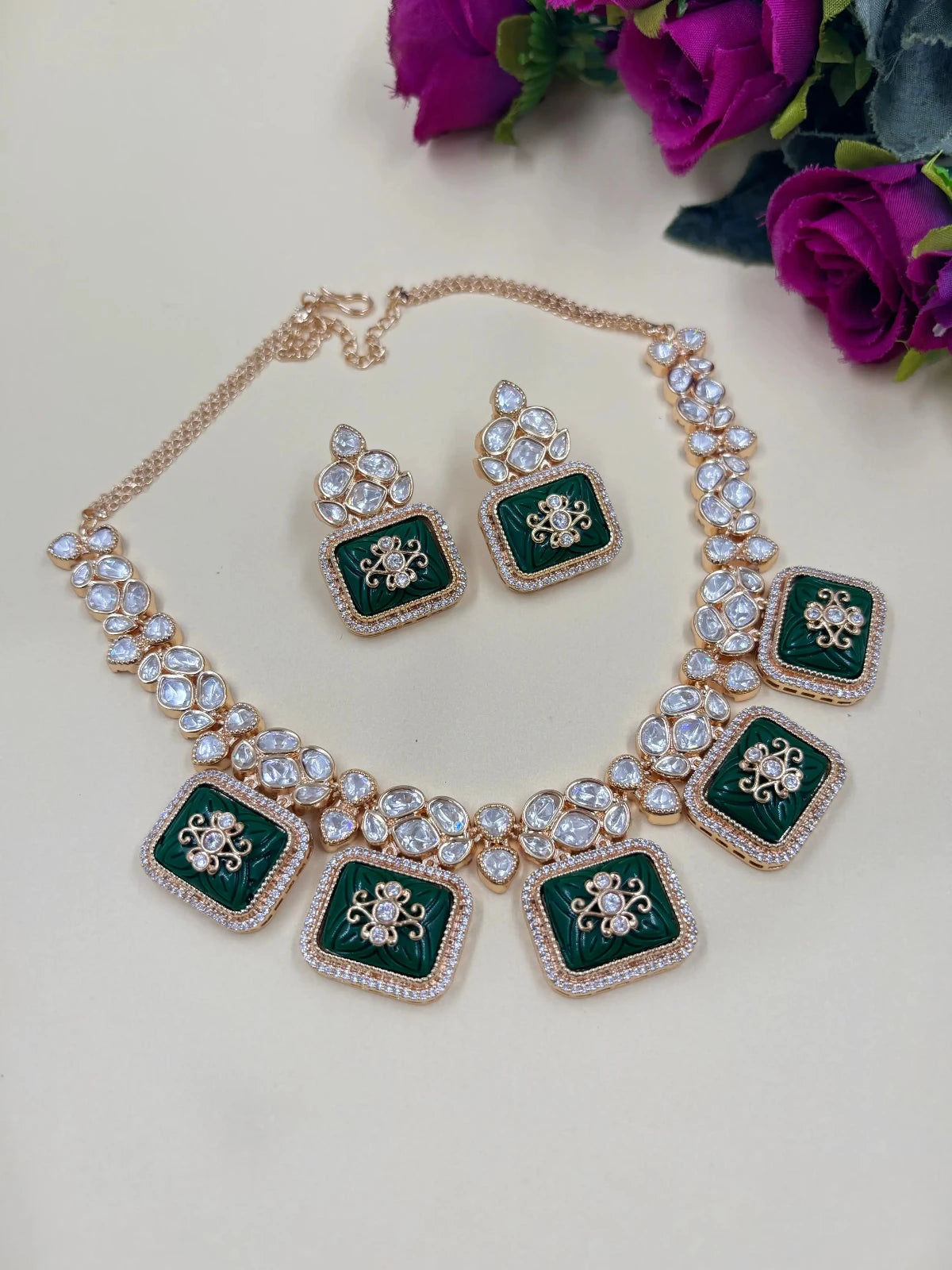 Tejaswini Beautiful Modern Uncut Kundan Polki Stone Necklace Set with green stones 