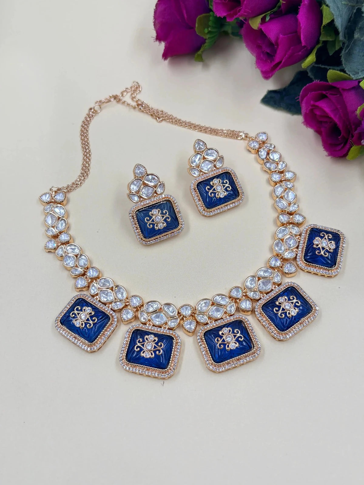 Tejaswini Beautiful Modern Uncut Kundan Polki Stone Necklace Set with royal blue color stones 