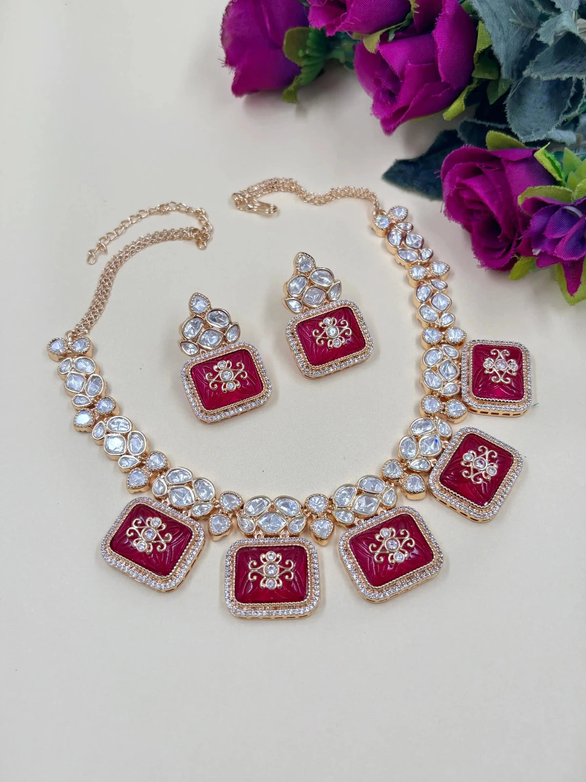 Tejaswini Beautiful Modern Uncut Kundan Polki Stone Necklace Set with ruby color stones 