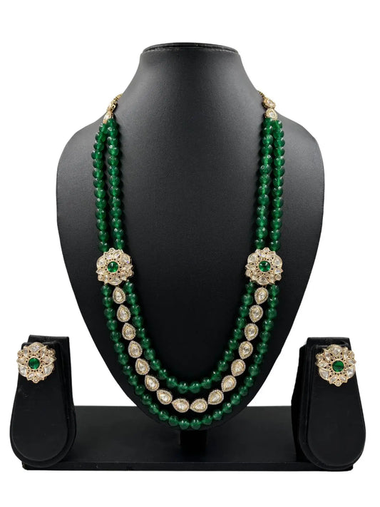 Designer Women’s Green or Ruby Pink Beaded Necklace Set with Kundan Side Brooch by Gehna Shop