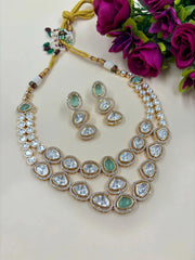 Renee Rose Gold Finish Modern Look Double Strand Mint Green Kundan Polki Necklace Set for Indian And western Wear 