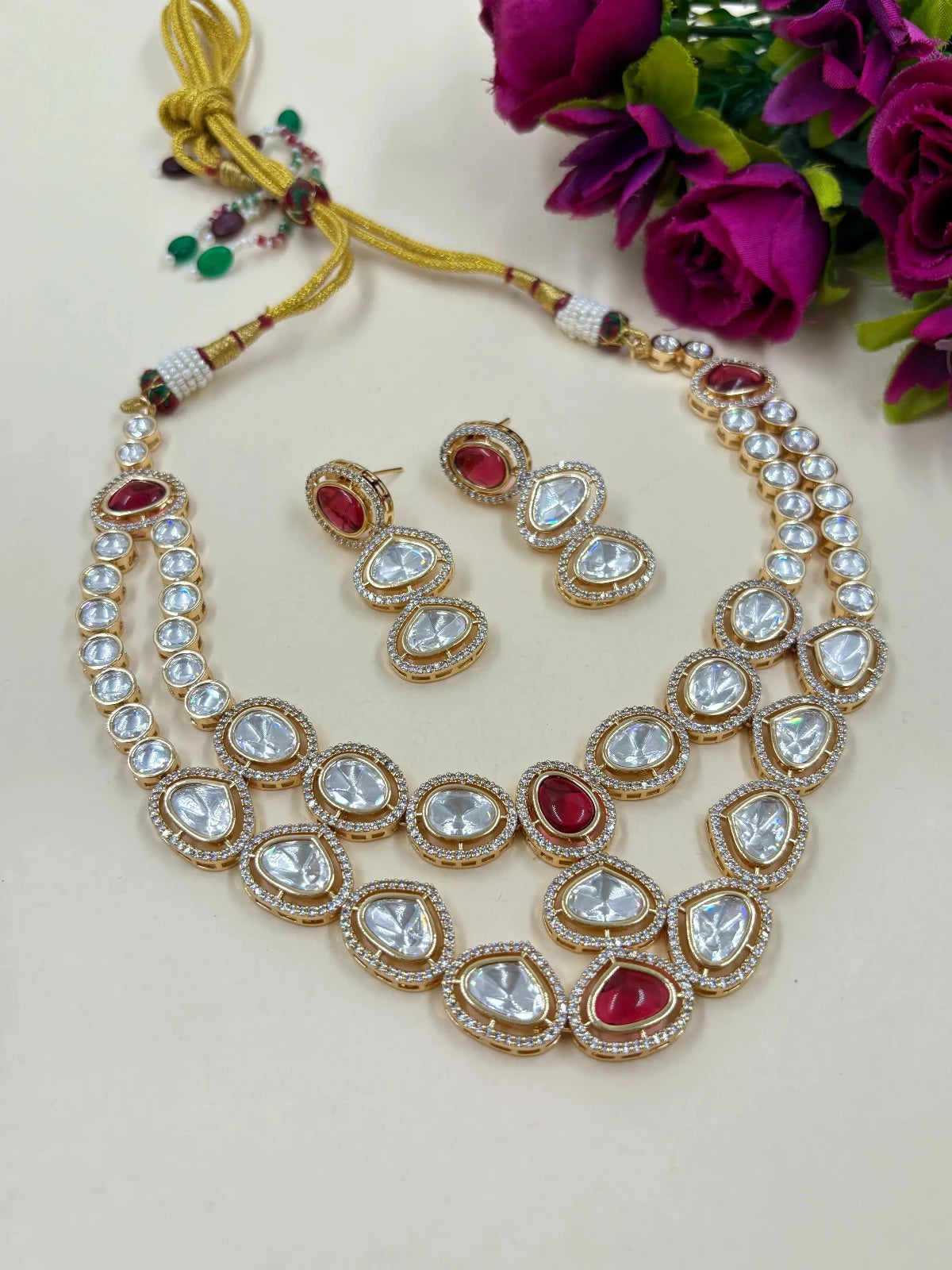 Renee Rose Gold Finish Modern Look Double Strand Ruby Pink Kundan Polki Necklace Set for Indian And western Wear 