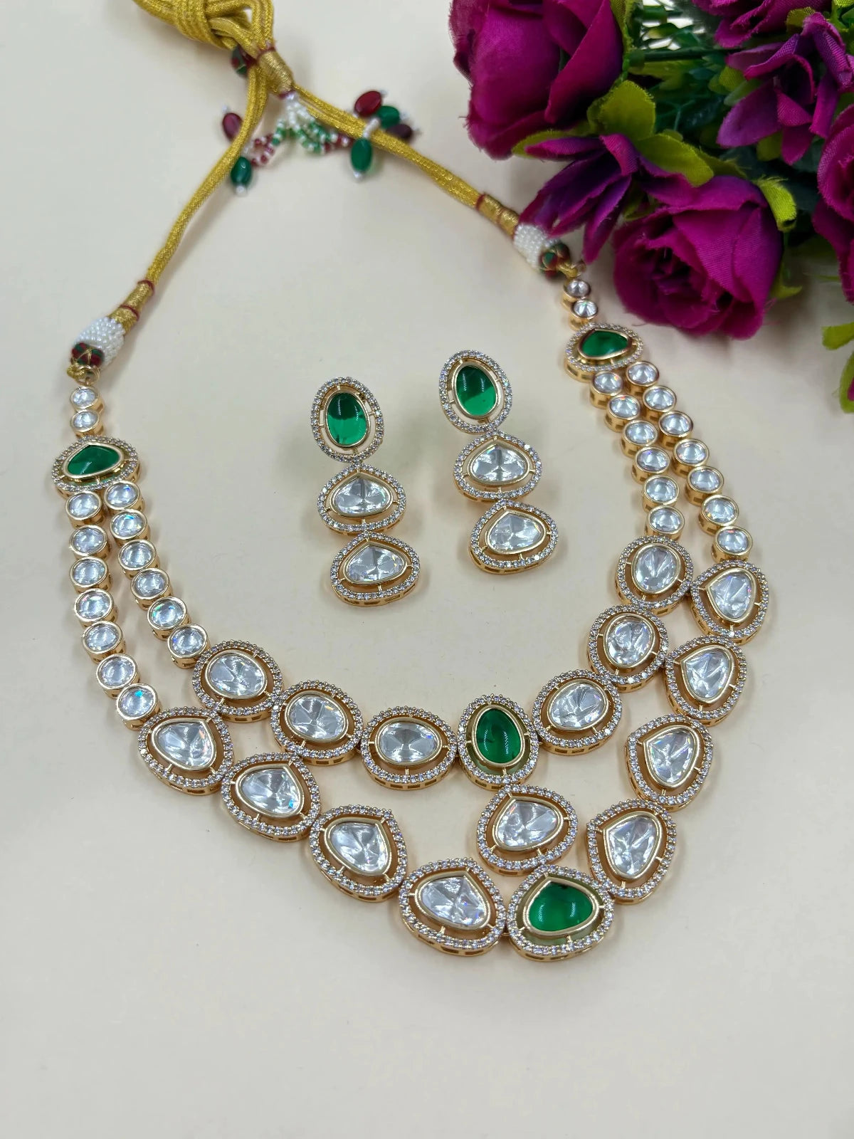 Renee Rose Gold Finish Modern Look Double Strand Green Kundan Polki Necklace Set for Indian And western Wear 