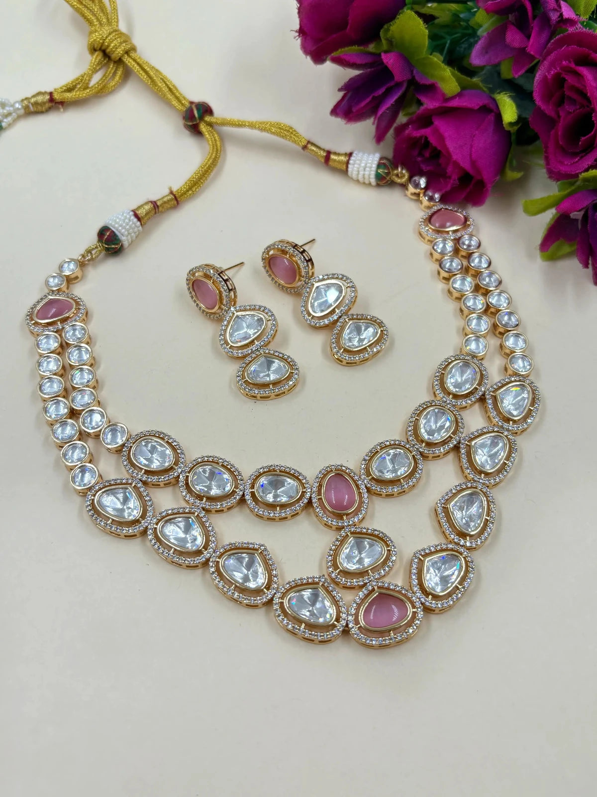 Renee Rose Gold Finish Modern Look Double Strand Baby Pink Kundan Polki Necklace Set for Indian And western Wear 