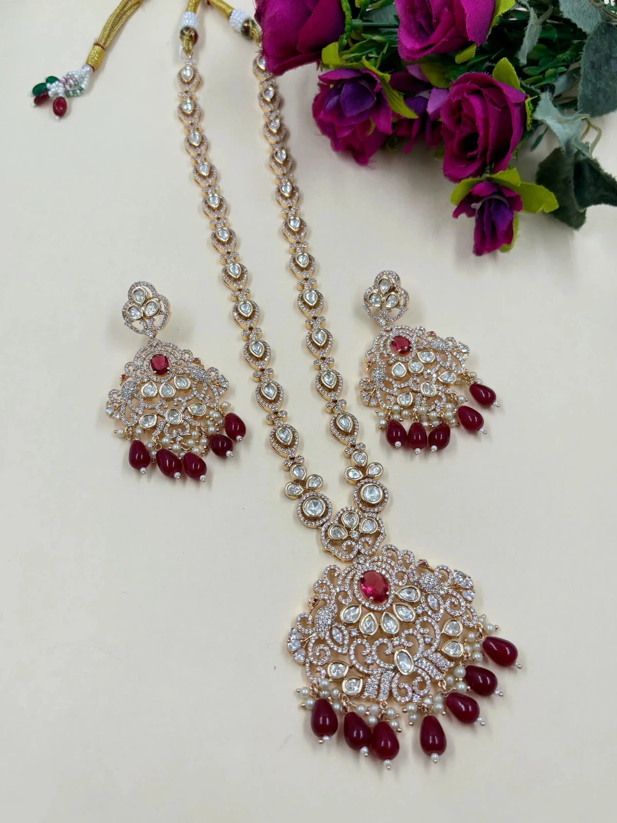 Sandhya Rose Gold Finish Long Maroon Polki Kundan Pendant Necklace Set for women online