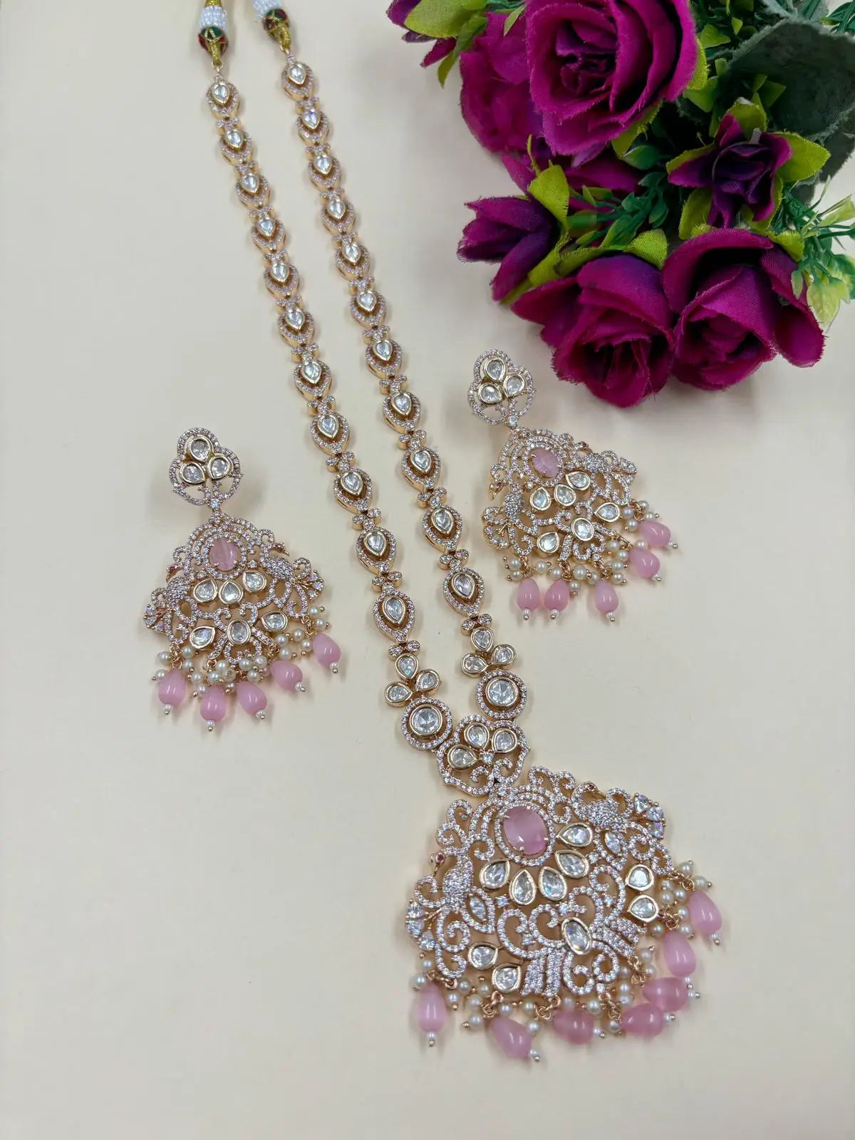 Sandhya Rose Gold Finish Long Polki Kundan baby Pink Pendant Necklace Set for women online