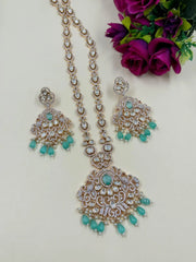 Sandhya Rose Gold Finish Long Polki Kundan Mint Green Pendant Necklace Set for women online