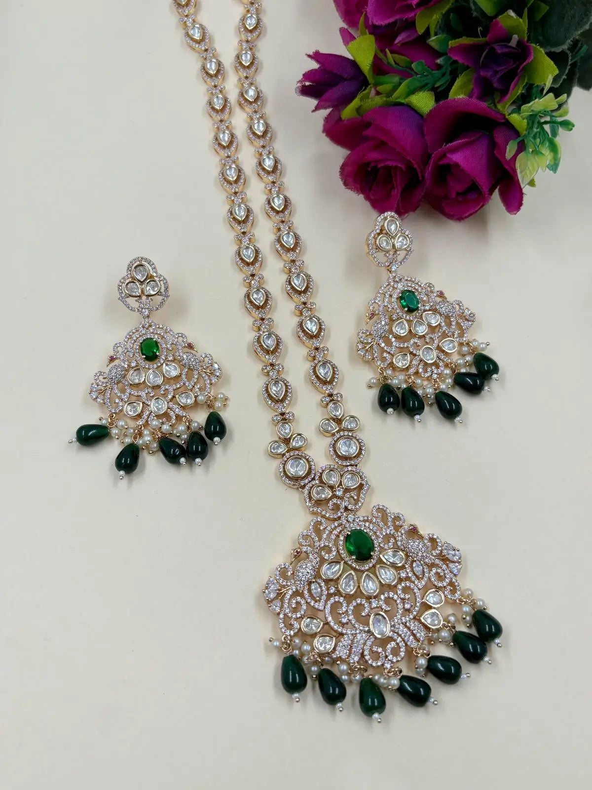 Sandhya Rose Gold Finish Long Polki Kundan Green Pendant Necklace Set for women online