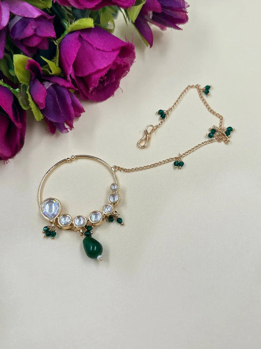 Rose Gold Finish Bridal Green Kundan Nath | Nose Ring Online 