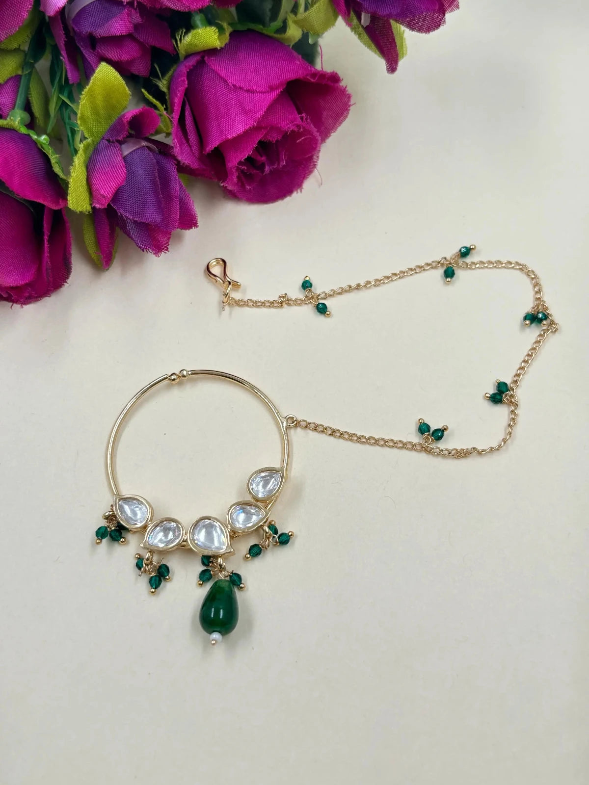 Traditional Polki Kundan Green Nathni For Women | Nose Rings