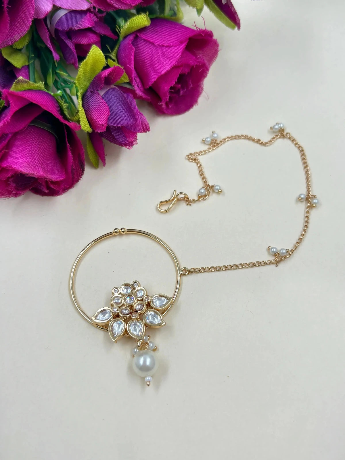 Flower Design Kundan Nath Nose Ring White - Main Image