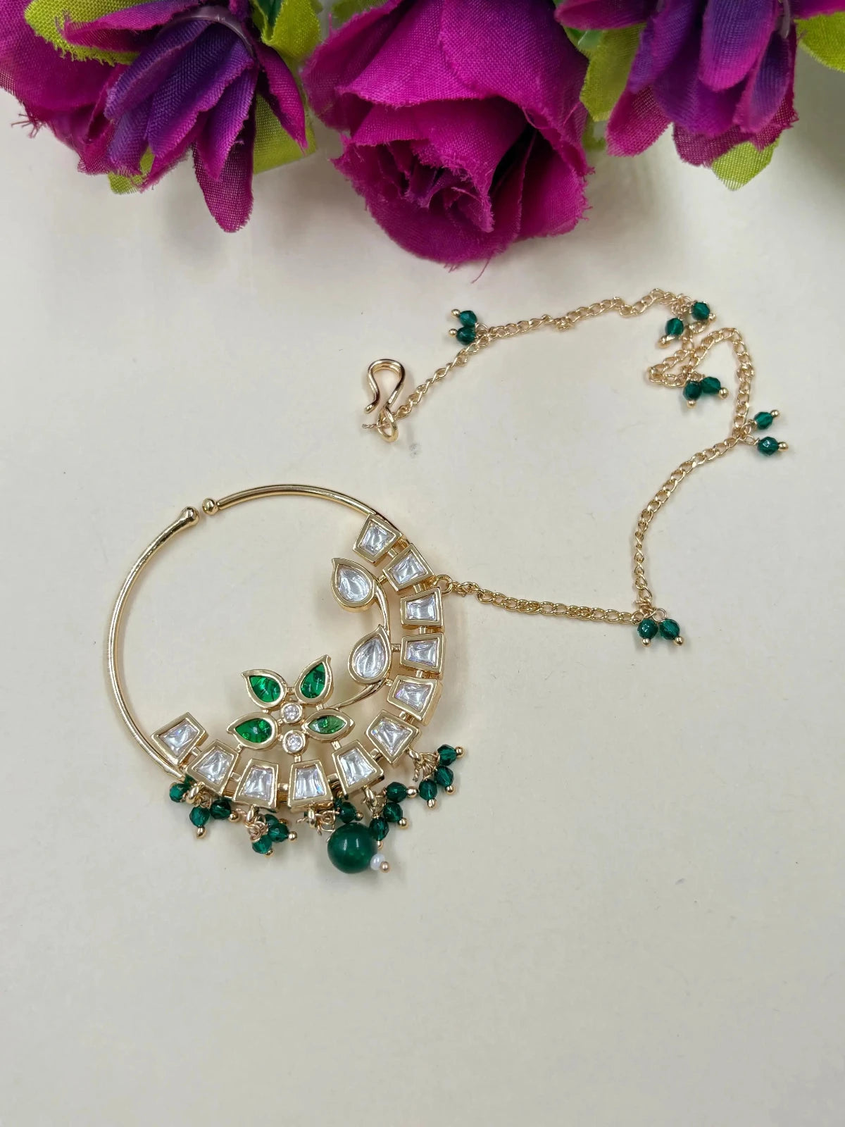 Rose Gold Finish Flower Design green Kundan Nath Nose Ring For Women