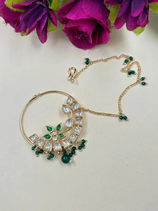 Rose Gold Finish Flower Design green Kundan Nath Nose Ring For Women