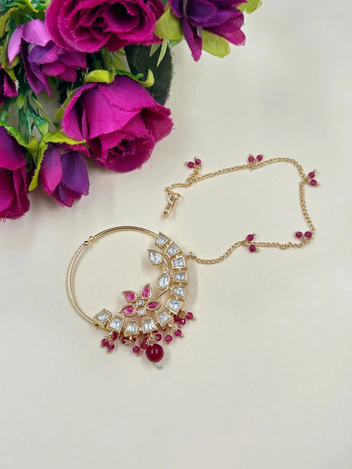 Jodha Nath Design Rose Gold Finish Flower Design Kundan Nath Nose