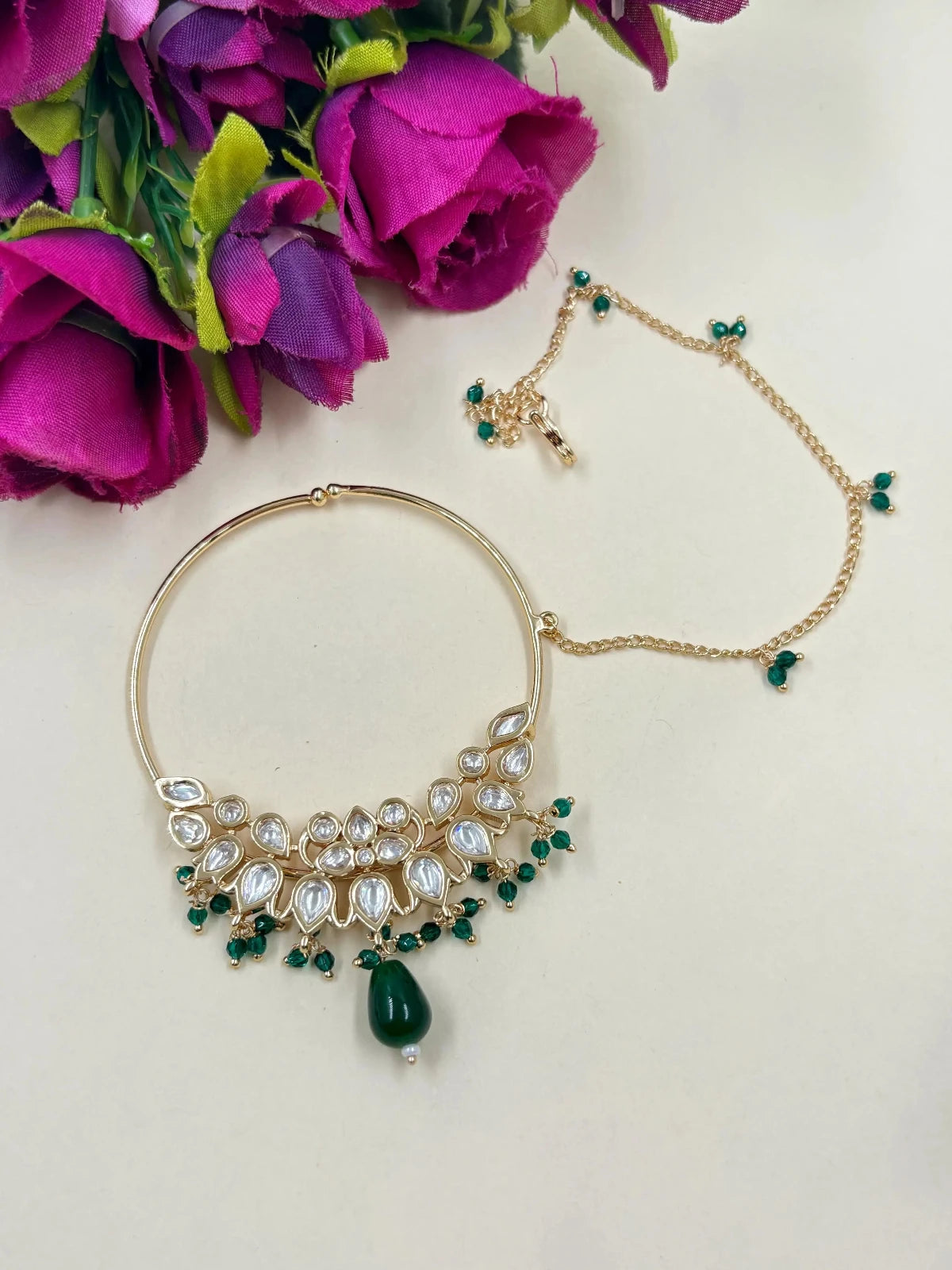 Traditional Big Size Designer Bridal  Green Nose Ring | Nathni | Nath