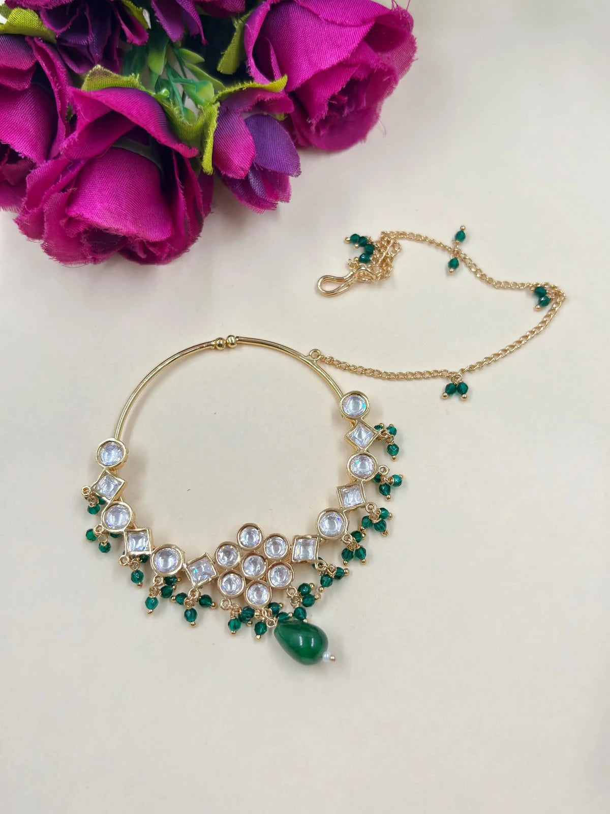 Rajasthani Big Size Designer Green Kundan Nose Ring | Nathni | Nath