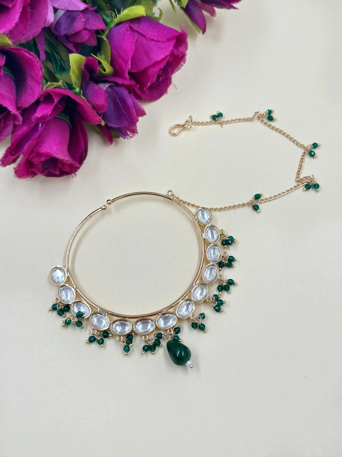 Traditional Designer Oversize Bridal Green Kundan Nose Ring | Nathni | Nath