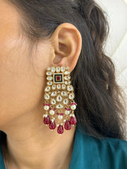 Vamika Pretty Polki Kundan Dangler Earrings with red beads hangings | Party Wear Earrings