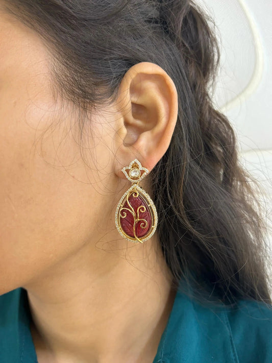 Designer AD And Polki Red Stone Dangler Earrings For Ladies