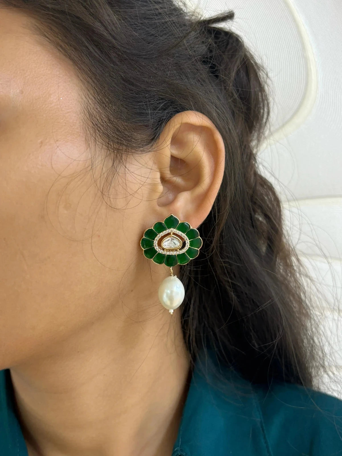 Traditional Light Weight Green Polki Stud Earrings for ladies and girls