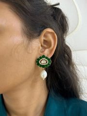 Traditional Light Weight Green Polki Stud Earrings for ladies and girls