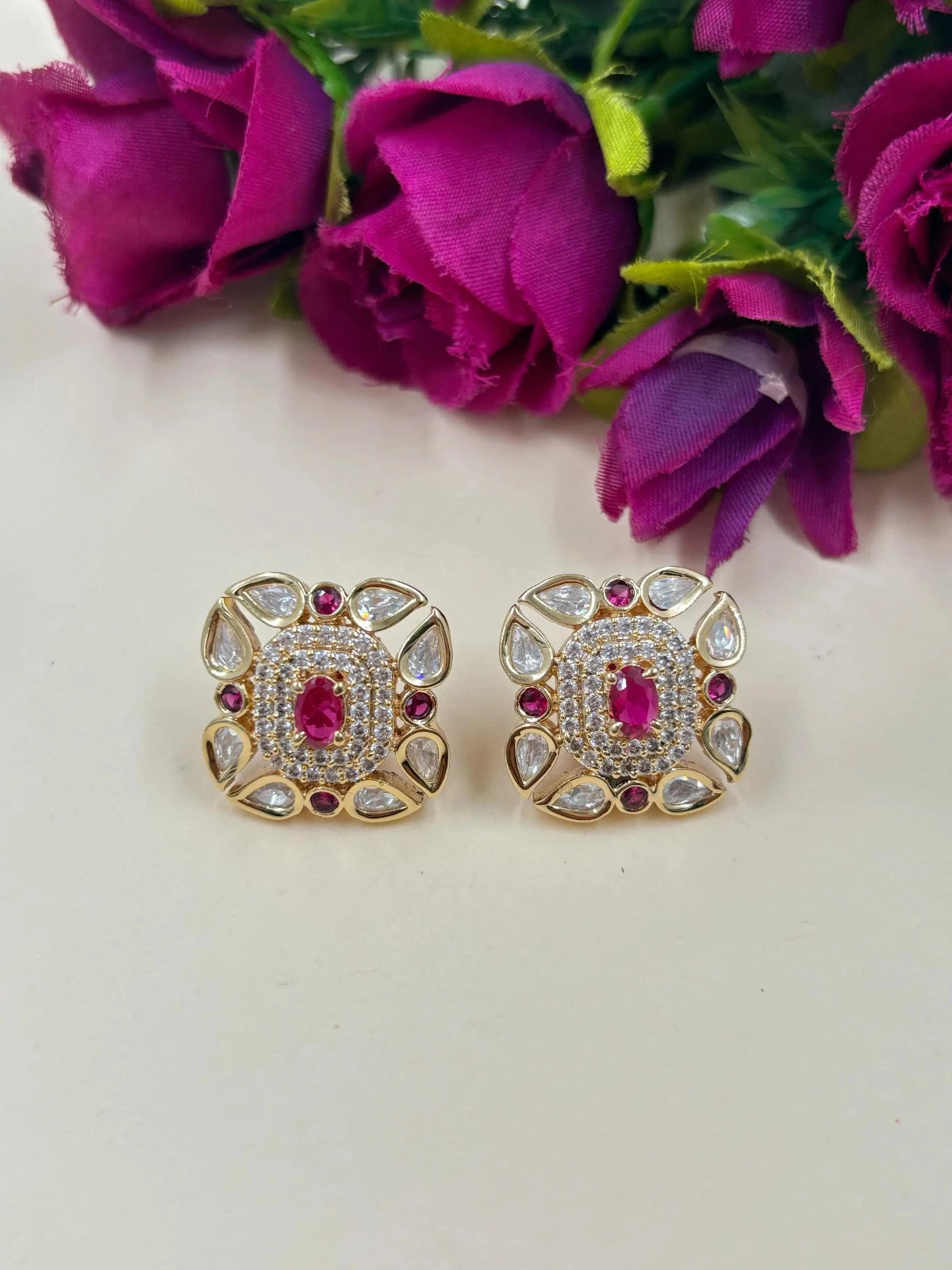 Weight Less Rose Gold Polish Ad And Polki Ruby Pink Stud Earrings For Women online 