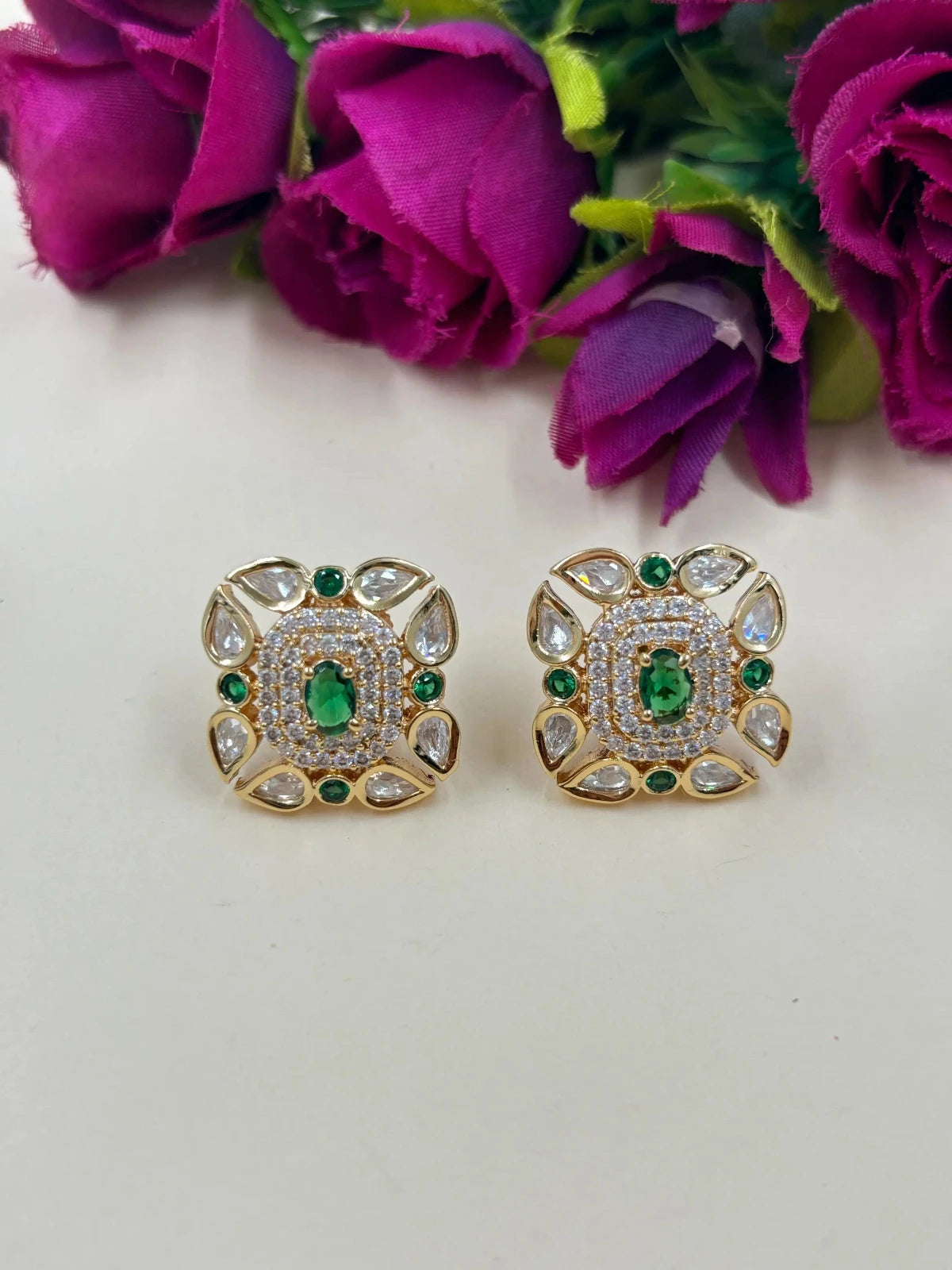 Weight Less Rose Gold Polish Ad And Polki Emerald Green Stud Earrings For Women online 