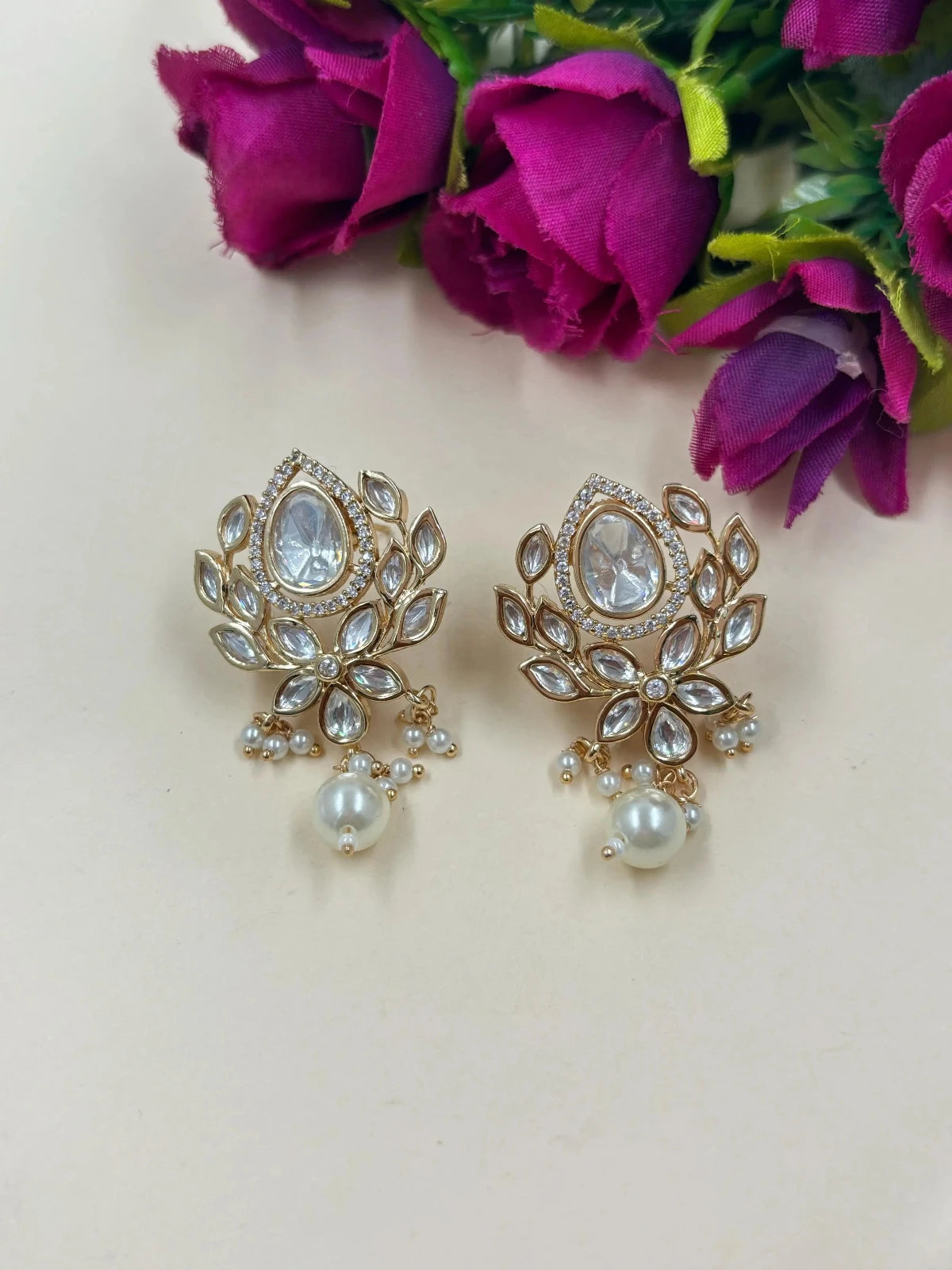 Designer Flower Design Party Wear Pearl Kundan Polki Stud Earrings