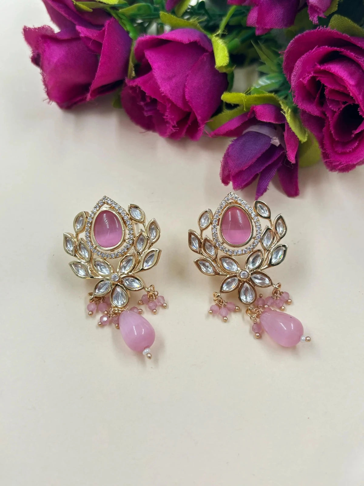 Designer Flower Design Party Wear Baby Pink Kundan Polki Stud Earrings