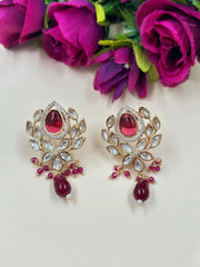 Designer Flower Design Party Wear Ruby Pink Kundan Polki Stud Earrings